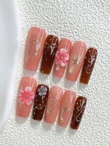 秋季 10片裝馬卡龍飾品風手工穿戴甲 Polygel 凝膠美甲套組，花朵設計，粉色與酒紅色指甲油，夢幻甜美風，3種尺寸可選，杏仁甲、鴨嘴甲、棺材甲，適合派對、跳舞、日常配戴（手工細節可能有所不同） - 彩色 - 查看 17
