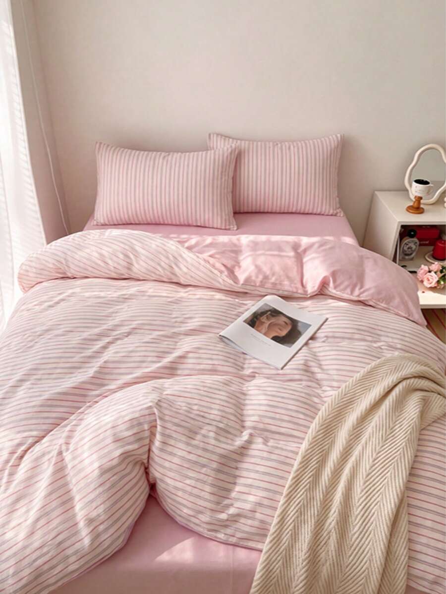 3pcs 100% Polyester Ins Style Nordic Minimalist Striped AB Design Duvet Set 2 Pillowcases + 1 Duvet Cover Set Combination (No Bed Sheet) All Season Bedroom Use