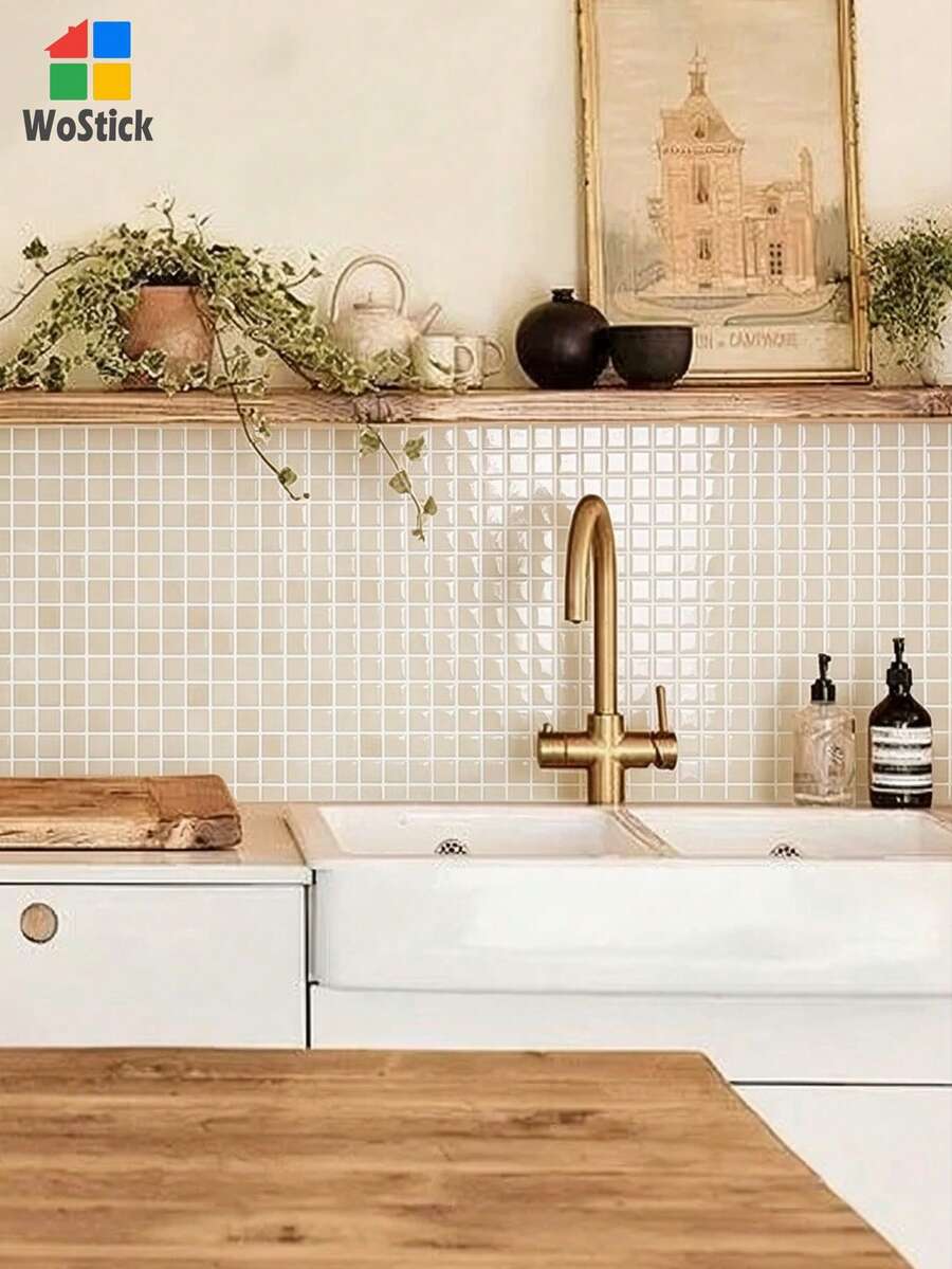 WoStick 10 Inch X 10 Inch Waterproof Textured Vinyl DIY Wallpaper, Self-Adhesive Backsplash Tile, Peel And Stick Mosaic Tile, For Home Decor