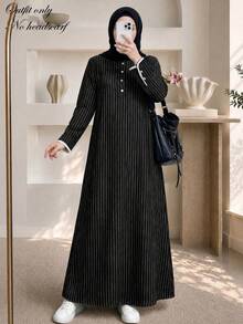 Women's Autumn/Winter Fashion Elegant Long Sleeve Striped Front Button Round Neck Maxi Dress - Black and White - View 1