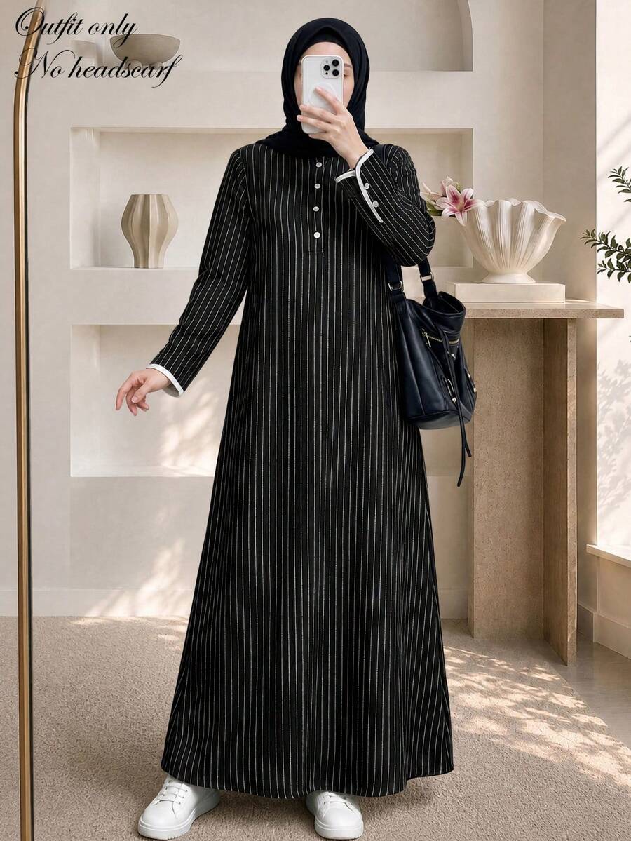 Women's Autumn/Winter Fashion Elegant Long Sleeve Striped Front Button Round Neck Maxi Dress - Black and White - View 1