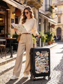 Travel Sticker Printed Elastic Luggage Cover, Suitable For 18-24 Inch Suitcases. Made Of Elastic Fabric, Scratch-Resistant And Dust-Proof, With Handle And Opening Design, Ideal For Air Travel, Business Trips, And Vacations, Especially Suitable For Business People Who Travel Frequently, Protecting Luggage From Scratches And Dust. - Multicolor - View 4