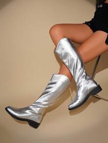 Women's Knee-High Boots, Shiny Silver With Back Zipper And Chunky Heel, Fashionable Shoes For Dating, Party, Commuting And Casual Wear - Silver - View 4