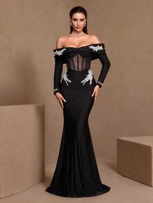 Vestido de noche de corte sirena, de ajuste ceñido, con hombros descubiertos, mangas largas, adornado con encaje y elegantes rhinestones para mujer en otoño - Negro - Ver 1