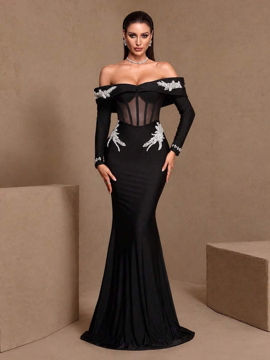 Vestido de noche de corte sirena, de ajuste ceñido, con hombros descubiertos, mangas largas, adornado con encaje y elegantes rhinestones para mujer en otoño - Negro - Ver 1