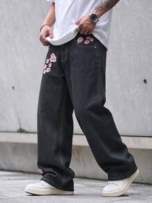 1pc Men's Jeans, Multi-Craft Embroidery Design, Simple & Versatile, Fashionable Suitable For All Seasons - Black - View 1
