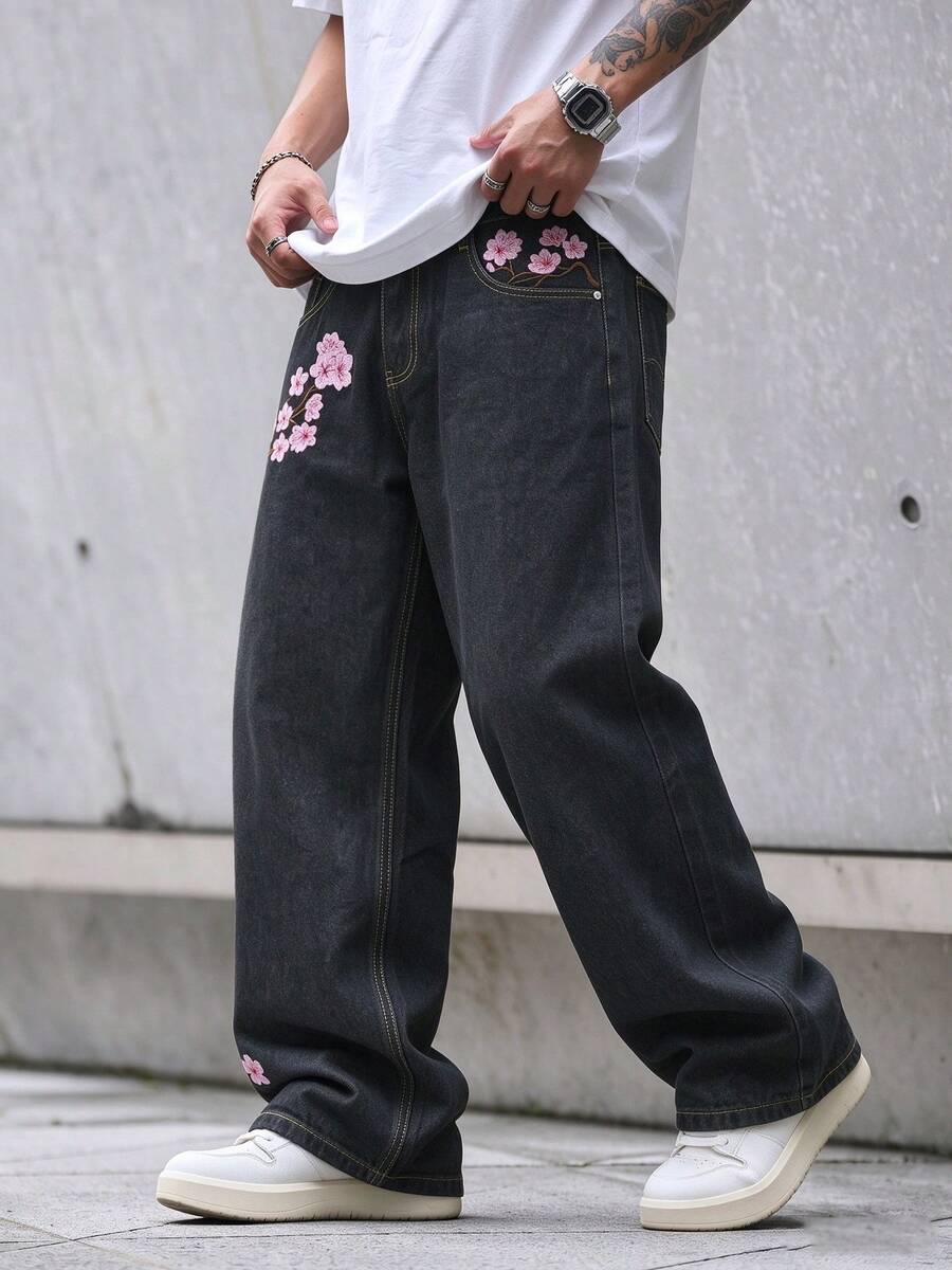 1pc Men's Jeans, Multi-Craft Embroidery Design, Simple & Versatile, Fashionable Suitable For All Seasons - Black - View 1