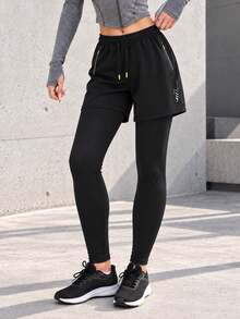 Women's Black 2-In-1 Running Shorts With Long Leggings, Drawstring Elastic Waist And Zippered Pocket For Training - Black - View 3