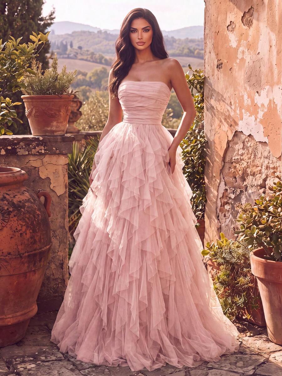 Elegant Women's Strapless Backless Mesh Ruffle Long Evening Gown, Romantic Sleeveless Flare Hem Formal Party Dress - Pink - View 1