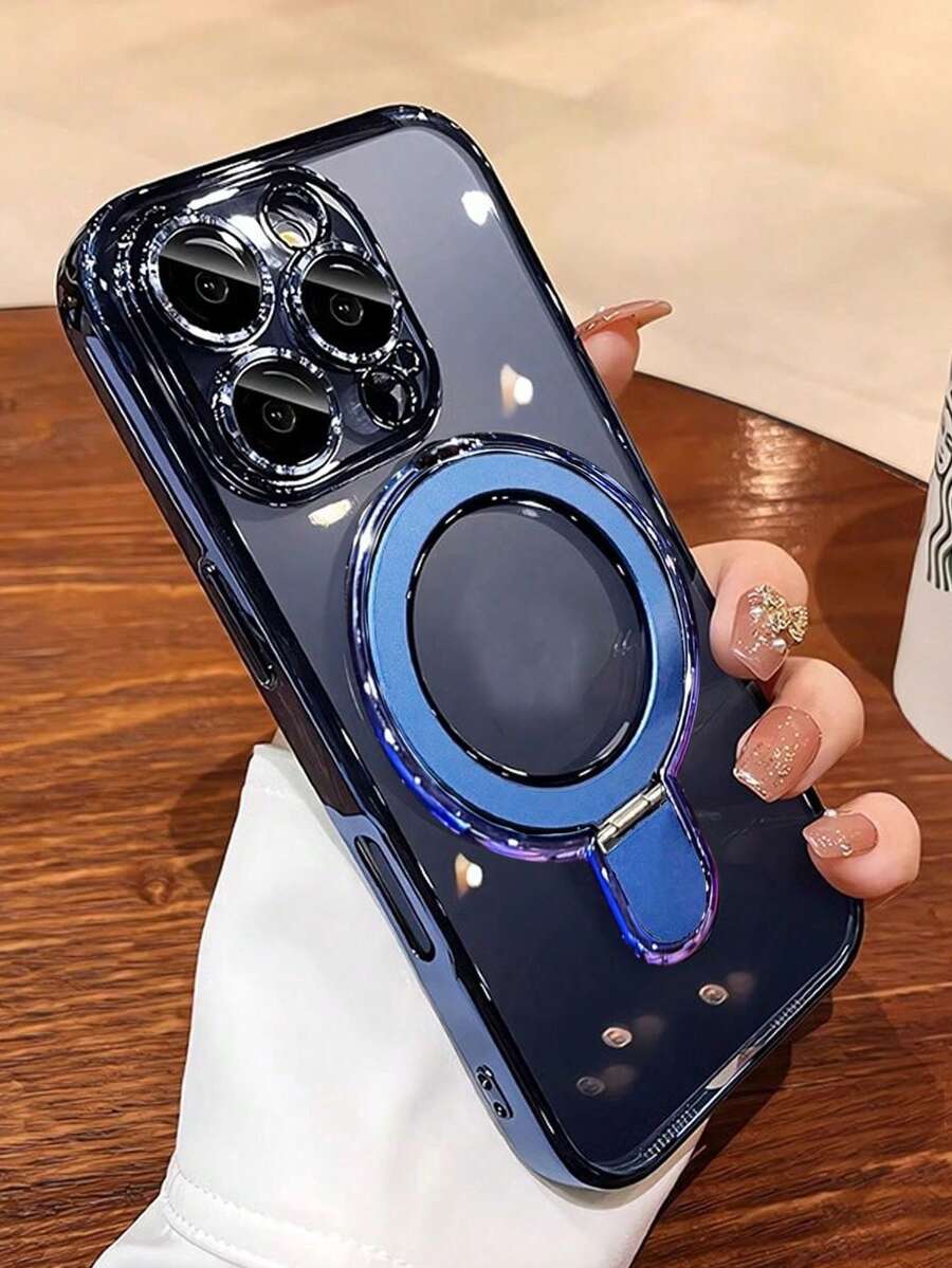 Luxury Electroplated Magnetic Stand Phone Case Compatible With IPhone 17 16 15 14 13 Pro Max 17Pro Magsafe Stand Base Transparent Protective Shell - Blue - View 1