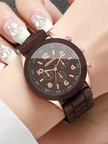 Women's Fashion Gentle Style Watch, Silicone Strap Three-Eye Digital Scale Dial Quartz Wristwatch, Gift For Girlfriend (1pc/Set) Watch Box Not Included - Brown - View 2