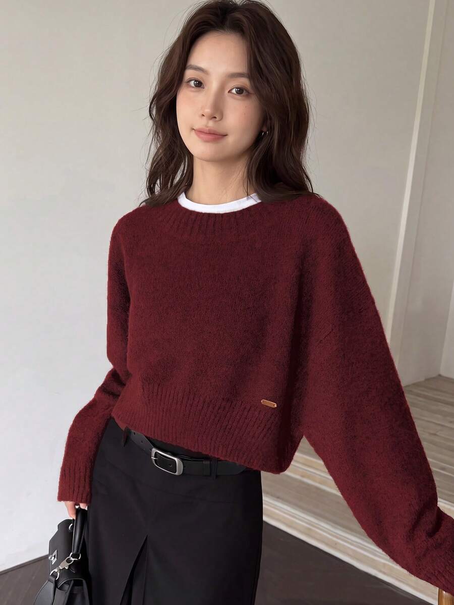 Alicedudu Women's Minimalist Chic Crew Neck Sweater, Autumn/Winter - Red - View 1