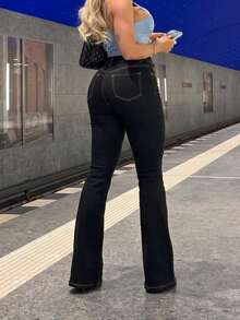 Plus Size Flare Jeans With Pockets And Zipper Closure, Extended Length, Mid-Stretch Fabric, Suitable For Daily Fashion Wear - Black - View 8