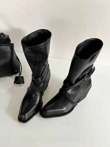 French Blogger Style Pointed Toe Wide Shaft Knee-High Boots, Nordic Kitten Heel Riding Boots For Women, INS Style - Black - View 8