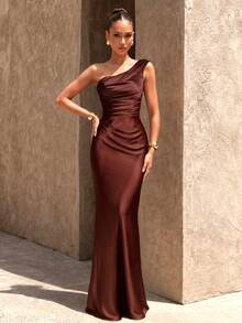 UNITHORSE Women's Elegant V-Neck Cinched Waist Back Satin Formal Evening Dress - Coffee Brown - View 4
