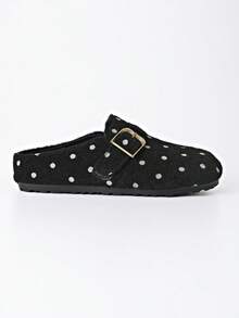 French Vintage Polka Dot Buckle Mule Slippers, Wool Lining With Fleece, Closed Toe Slouchy Slippers, Autumn/Winter - Polka Dot Black - View 3