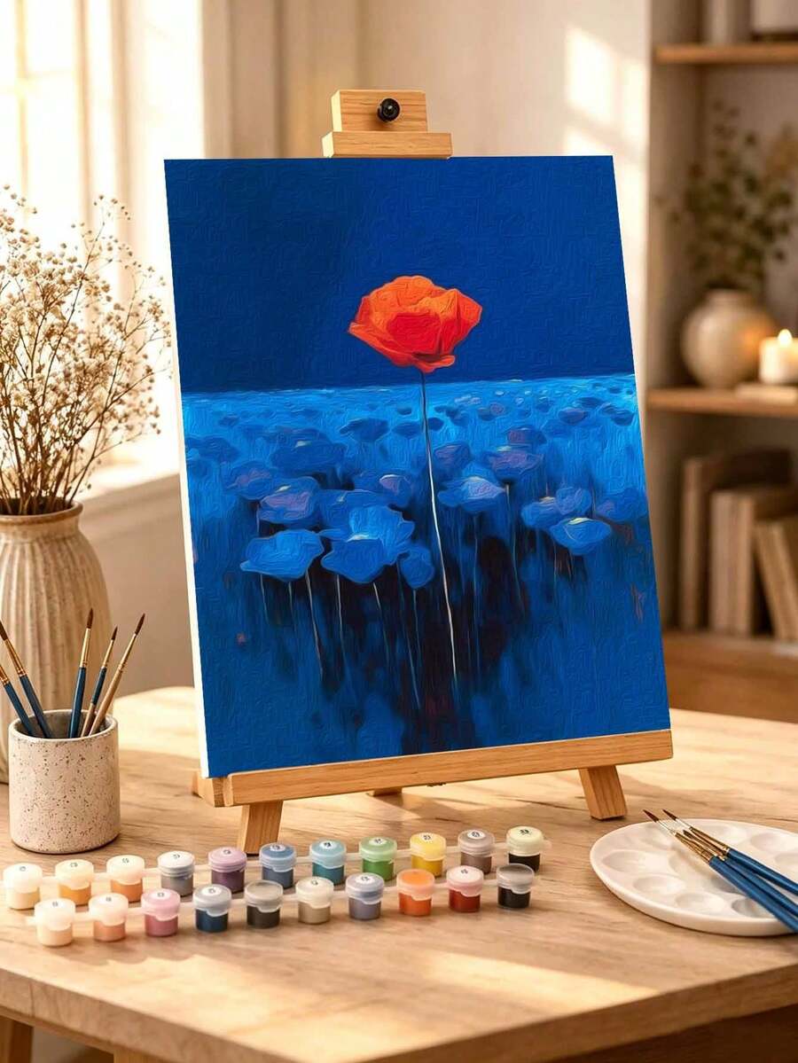 DIY Lone Red Poppy In Deep Blue Field (Frameless Or Framed 8x12 / 16x20 Inches) Paint By Numbers Kit (Acrylic) Arts & Crafts For Adult Beginners, Home Wall Decor, And Creative Holiday Gifts For Interior Design - Sets - View 1