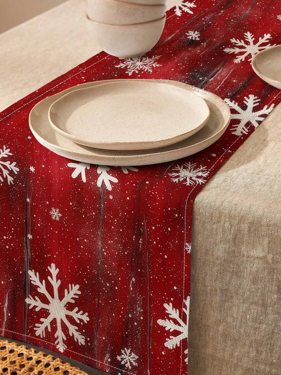 1pc Christmas Snowflake Pattern Printed Linen Table Runner, Placemat, Suitable For Holiday, Party, Birthday, Dinner, Kitchen Dining Table Decor, Shoe Cabinet Storage Cabinet Cover, All Season Room Decor, Home Textile Decor Table Runner, Placemat - Multicolor - View 1