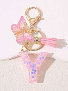 Women's Fashion Initial Keychain With Cute Butterfly Tassel Sequin Resin Letter Key Ring Pendant, Backpack Wallet Handbag Car Key Chain Charm, Valentine's Day Gift For Girlfriend - Pink - View 17