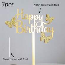 1pc/3pcs/6pcs Gold Happy Birthday Butterfly Acrylic Cake Topper, Suitable For Birthday Party Cake Decoration - Multicolor - View 11