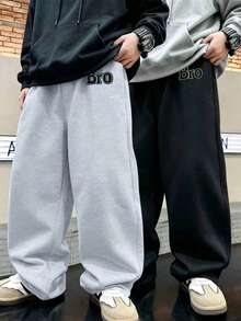 2pcs/Set Boys' Wide Leg Sports Pants, With Faux Embroidery "Bro" Pattern, Loose Fit, Suitable For Sports And Casual Wear, For Autumn/Winter - Multicolor - View 1