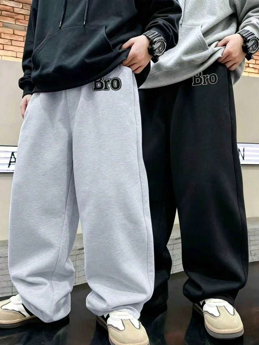 2pcs/Set Boys' Wide Leg Sports Pants, With Faux Embroidery "Bro" Pattern, Loose Fit, Suitable For Sports And Casual Wear, For Autumn/Winter - Multicolor - View 1