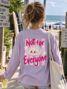 Big Girls Cute "Not For Everyone" Back Print Long Sleeve T-Shirt, Japanese Style Cute Glitter Dumpling Cartoon Pattern Purple Top, Casual Daily Campus Outfit - Mauve Purple - View 9