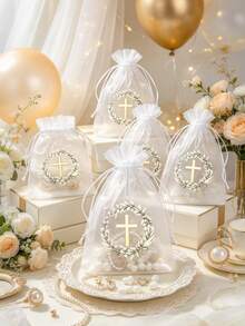 1/5/10pcs Baptism Gift Bags, Drawstring Closure, 4x6 Inch Religious Gift Bags, Suitable For Baptism, First Communion, Christmas, Nativity Party Gifts, Cross Drawstring Closure (White & Greenery) - Multicolor - View 1