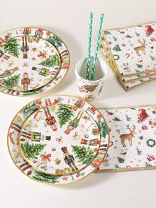 120PCS Christmas Disposable Paper Tableware Set, Includes 7-Inch And 9-Inch Plates, Paper Cups, Napkins And Straws; Featuring Watercolor Style Nutcracker Soldier, Christmas Tree, Gift, Candy Cane And Bow Patterns, Suitable For Christmas Party, Holiday Dinner, Winter Celebration And Holiday Table Decor - Multi-color 1 - View 5