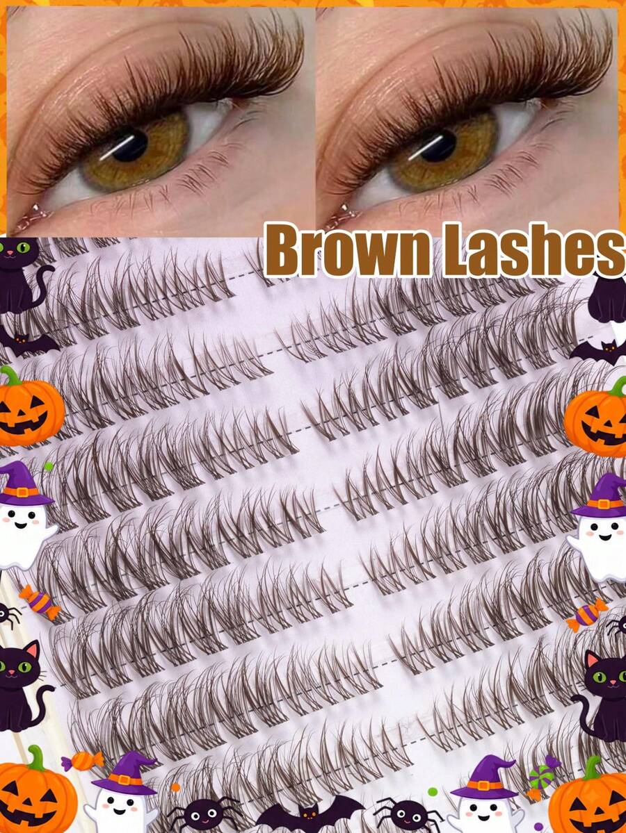 216pcs Brown Thin Dense False Eyelash Clusters, Long Voluminous Lash Tips, Create Mysterious Halloween Eye Makeup Effect, DIY Self-Adhesive Design, Suitable For Witch Cosplay, Theme Night Events And Festive Occasions - D - View 1