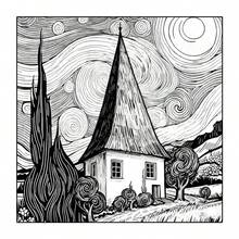 Countryside Adult Coloring Book, Relaxing Rural Cottage Landscape Coloring Pages, Stress Relief Hobby Gift - Yellow Van Gogh - View 10