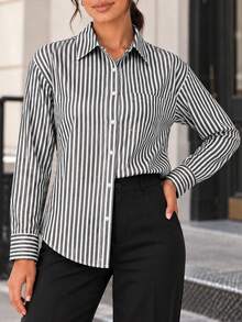 Women Striped Button Front Shirt Long Sleeve Classic Collar Casual Loose Fit Blouse With Chest Pocket - Black and White - View 10