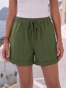 Plus Size Women's Solid Color Casual Pocket Shorts Summer - Army Green - View 1
