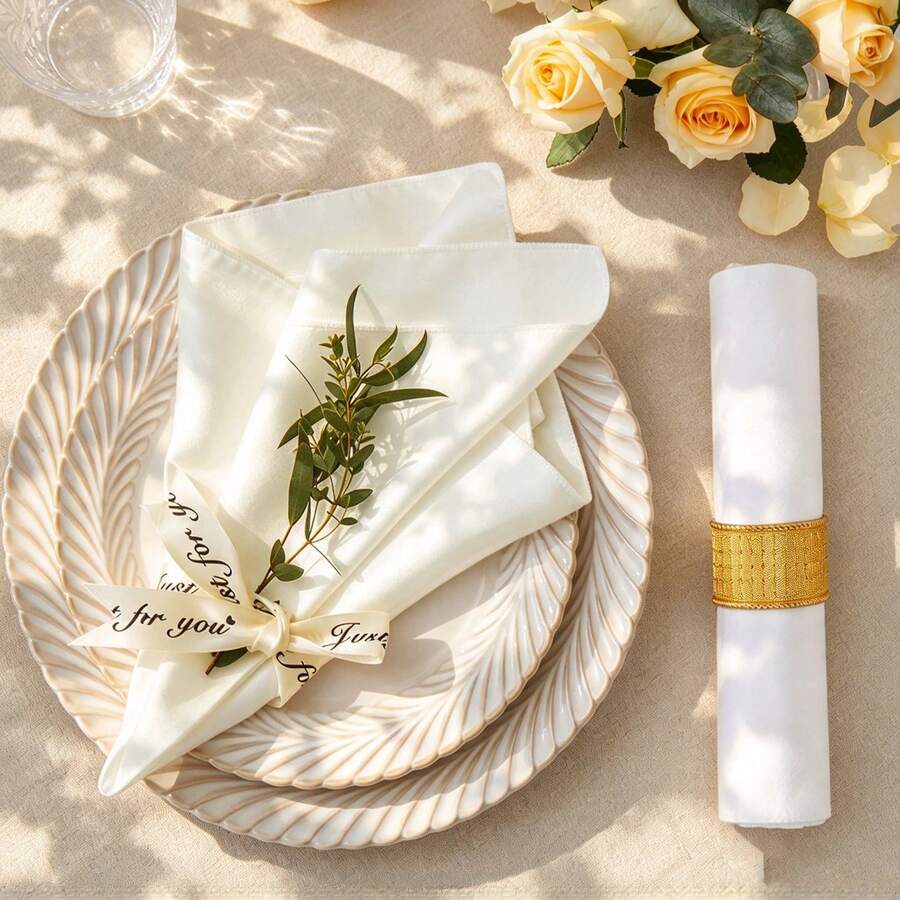 1/2/6pcs French Style Premium Satin Minimalist Solid Color Hemmed Napkins, Suitable For Wedding, Party, Holiday, Birthday Table Decor - Beige - View 1