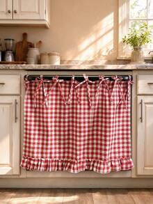 1pc Farmhouse Plaid Oven Curtain With Ruffled Hem, Tie-On No-Drill Appliance Cover Skirt For Kitchen Stove Dishwasher Washing Machine, Rustic Checkered Cottage Decor To Hide Clutter, Easy Install Kitchen Curtain - Multicolor - View 7
