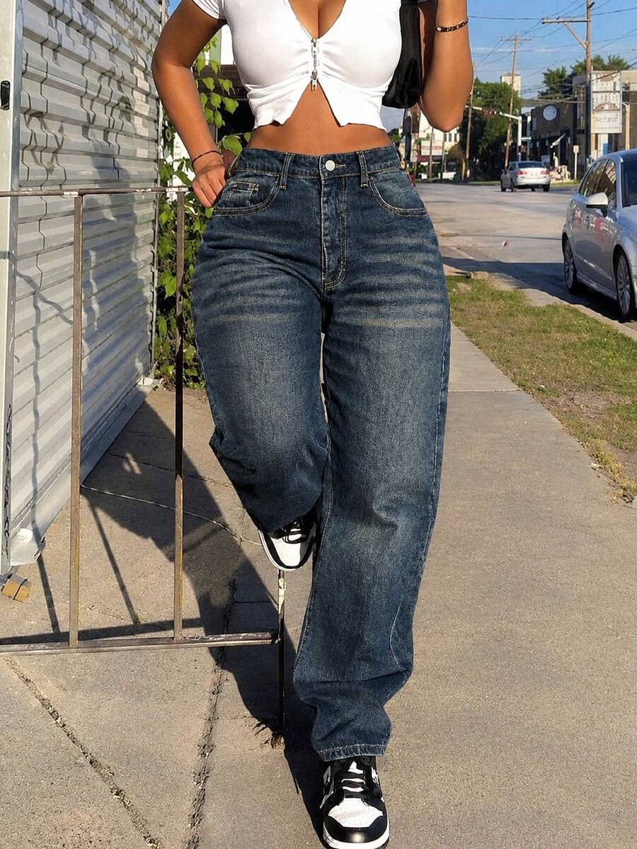 Jeans rectos holgados estilo novio vintage para mujer, casual, primavera y otoño - Azul Marino - Ver 1