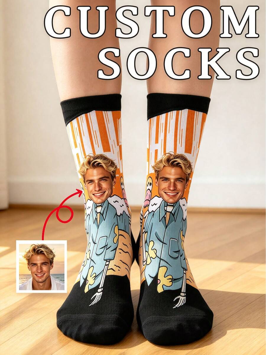 Custom Photo Boat Socks, Personalized Face & Image Print Socks, Custom Fun Birthday Anniversary Couple Gift Socks - Multicolor - View 1