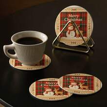 Red Plaid Snowman & Deer Christmas Round Coasters, Vintage Embossed Frame Merry Christmas Heat-Resistant Mats, Christmas Tabletop Decor, Holiday Party Home Kitchen Ornament, Christmas Small Gift - PET Coaster LDX2922 - View 7