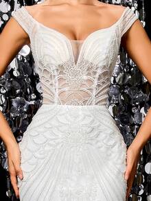 Wedding Dress, Ethereal Sheer Lace Mermaid Wedding Gown, Lace-Up Back, Sparkling Beaded Tulle Ballgown, Suitable For Wedding Guests And Evening Parties - White - View 6