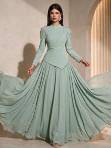 Elegant And Charming Women's Long Sleeve Formal Dress, Featuring Pleated Bust Detail, Shoulder Applique, Asymmetric 2 In 1 Design, And Flared Extra-Wide Skirt, Soft Fabric Suitable For Parties, Banquets, And Galas - Mint Green - View 1