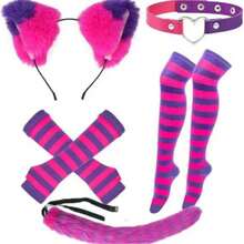 Set Aksesori Kostum Kucing Halloween, Termasuk Ekor Plush, Bando Telinga, dan Kalung Kulit Imitasi, Cocok untuk Cosplay - garis-garis merah muda ungu - View 3