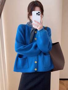 Cárdigan de punto casual minimalista con diseño de doble bolsillo para mujer, otoño/invierno - Azul - Ver 1