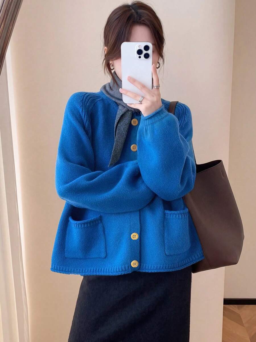 Cárdigan de punto casual minimalista con diseño de doble bolsillo para mujer, otoño/invierno - Azul - Ver 1