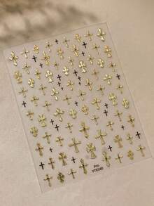 1 Sheet Retro Gothic Cross Nail Stickers, 5D Gold Embossed Holographic Iridescent Self-Adhesive Nail Art Decals, Autumn Winter Nail Decorations - Multicolor - View 10