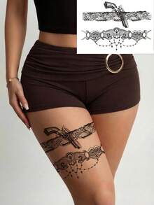 1pc Leg Chain Tattoo Sticker, Chain Print Lace Fashionable Temporary Tattoo Sticker For Girls' Arms, Legs, Back, Waist, Waterproof And Sweat-Resistant, Sexy And Cool Tattoo Sticker, Looks Very Realistic, Easy To Apply And Remove, Wedding Music Festival Party Supplies - Black - View 1