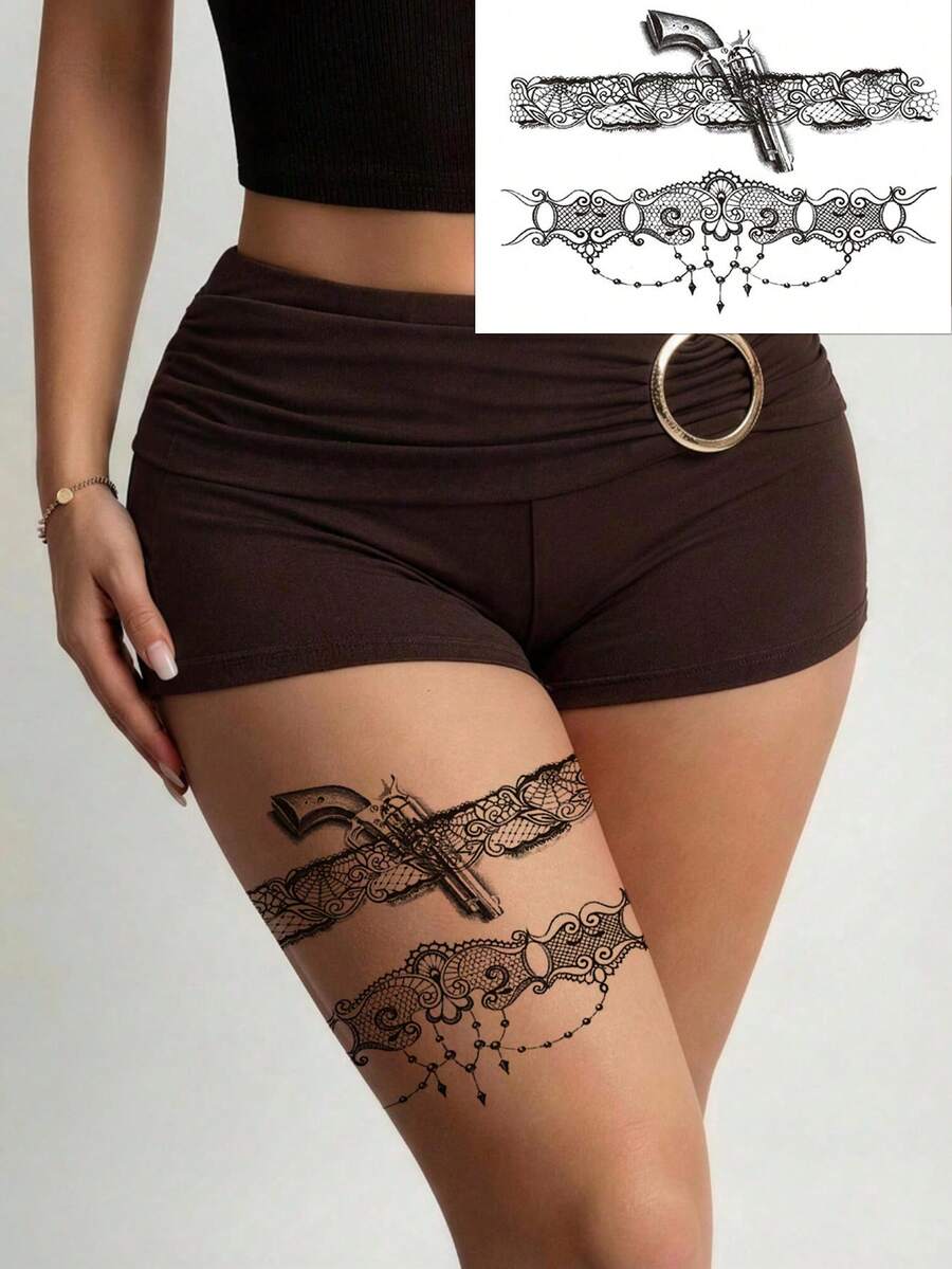 1pc Leg Chain Tattoo Sticker, Chain Print Lace Fashionable Temporary Tattoo Sticker For Girls' Arms, Legs, Back, Waist, Waterproof And Sweat-Resistant, Sexy And Cool Tattoo Sticker, Looks Very Realistic, Easy To Apply And Remove, Wedding Music Festival Party Supplies - Black - View 1