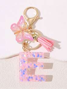 Women's Fashion Initial Keychain With Cute Butterfly Tassel Sequin Resin Letter Key Ring Pendant, Backpack Wallet Handbag Car Key Chain Charm, Valentine's Day Gift For Girlfriend - Pink - View 13