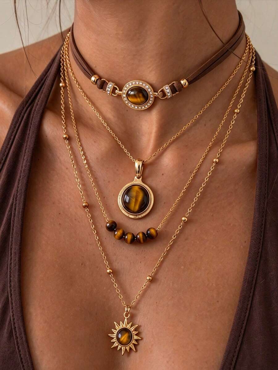 1 Set Vintage Multi-Layer Tiger Eye Stone Sun Pendant Necklace Set, Luxury Niche Accessory, Suitable For Friends, Sisters, Women, Best Choice For Daily Wear - Brown - View 1
