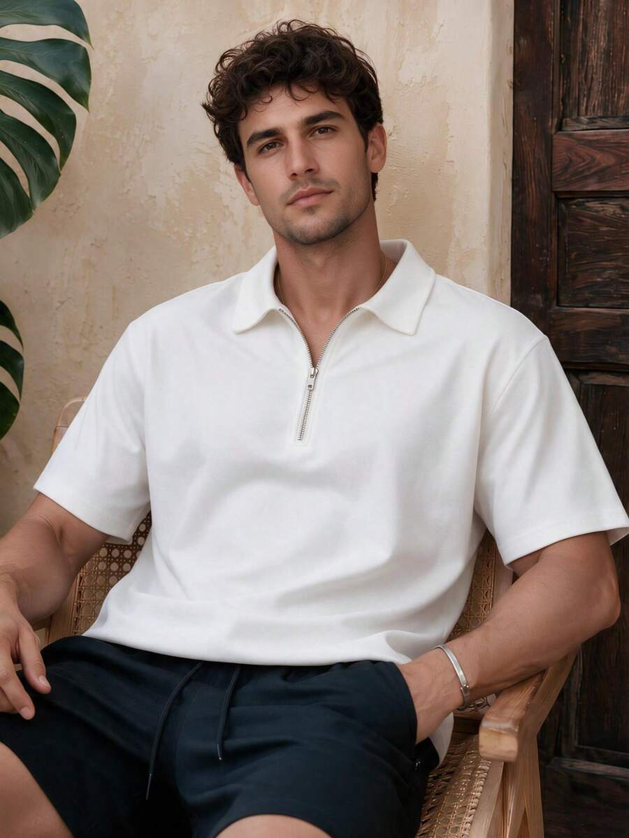 Men's Solid Color Half-Zip Casual Versatile Commute Travel Short Sleeve Polo Shirt - White - View 1
