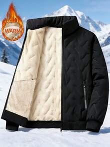 Men's Stand Collar Thermal Lined Thick Padded Coat, Solid Color Versatile Outerwear For Autumn/Winter - Black - View 1